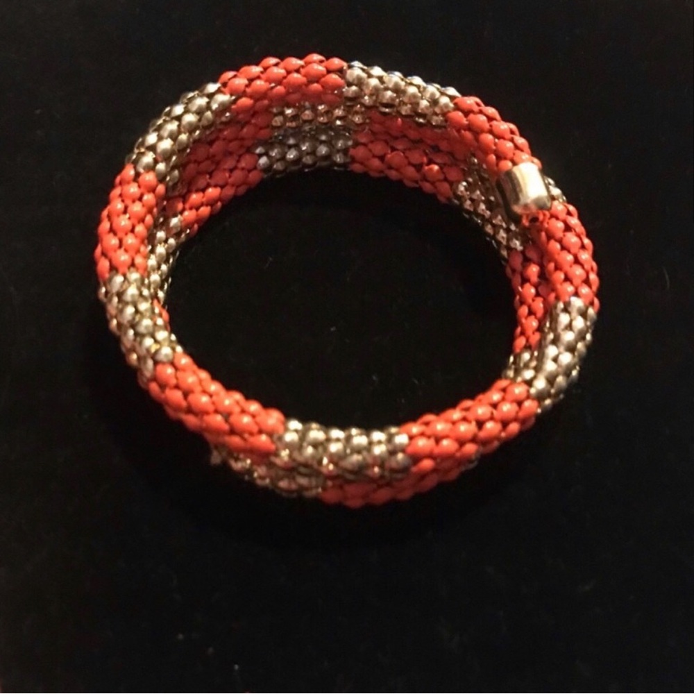 Coral and Gold Beaded Rope Bracelet